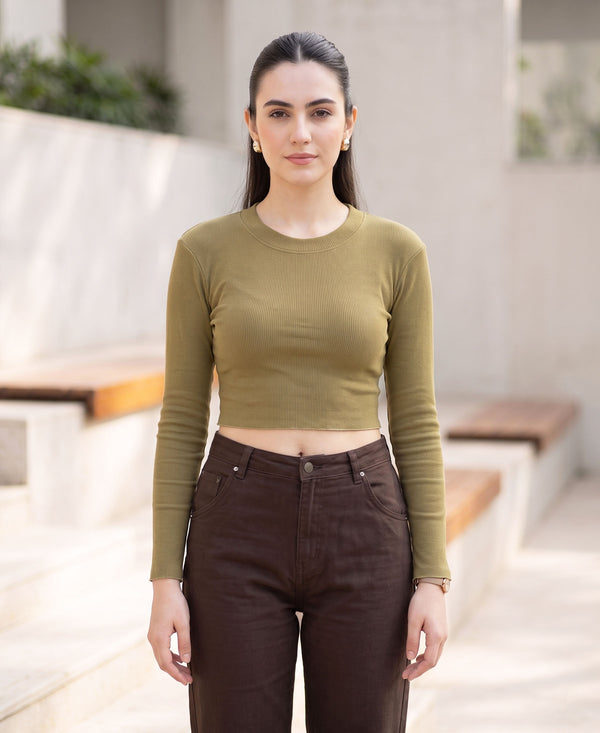 T.T. Women|Stylish Crop Top|Ribbed Slim Fit Full Sleeve Round Neck Trendy Casual Wear Top|Stretchable Cotton Fabric|Tshirt|Top||Dark Green