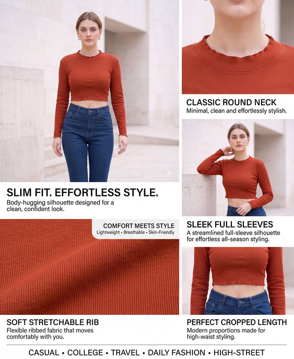 T.T. Women|Slim Fit Ribbed Top|Stretchable Cotton Rib Fabric| Trendy High Street Casual & Office Wear Full Sleeve Crop Tee|Desire Rib Tshirt For Women||Brown