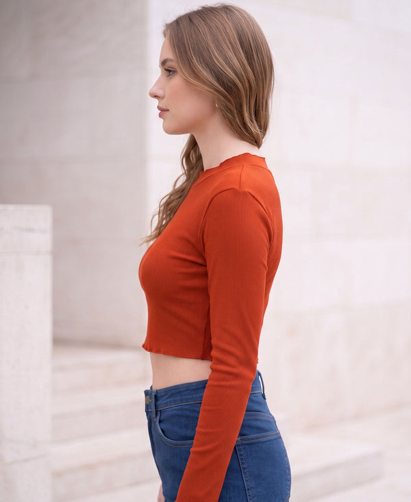 T.T. Women|Slim Fit Ribbed Top|Stretchable Cotton Rib Fabric| Trendy High Street Casual & Office Wear Full Sleeve Crop Tee|Desire Rib Tshirt For Women||Brown