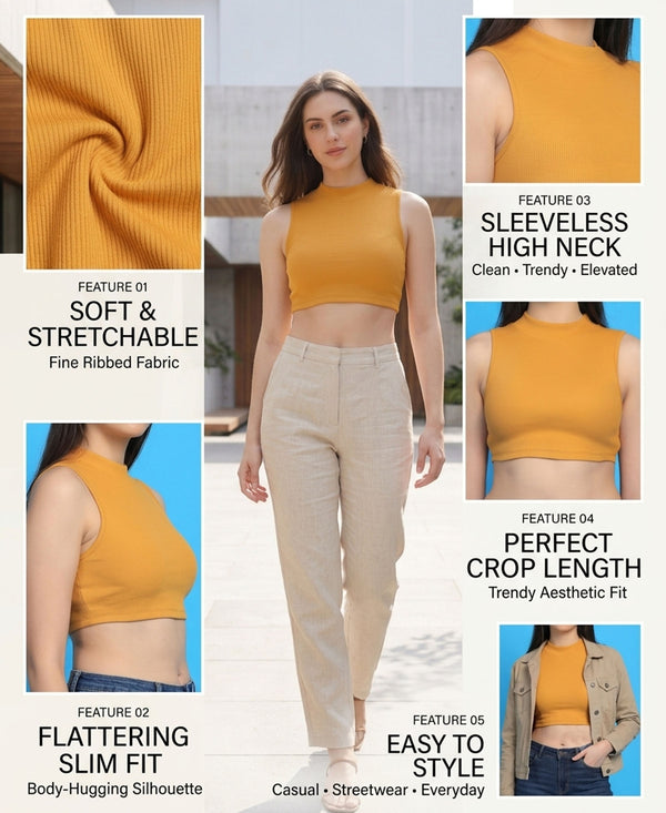 T.T. Women|Ribbed Crop Top|Sleeveless High Neck Slim Fit Aesthetic Streetwear Top|Stretchable Cotton Fabric|Tshirt|Top||Mustard
