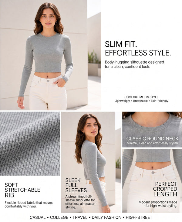 T.T. Women|Stylish Crop Top|Ribbed Slim Fit Full Sleeve Round Neck Trendy Casual Wear Top|Stretchable Cotton Fabric|Tshirt|Top||Grey Melange