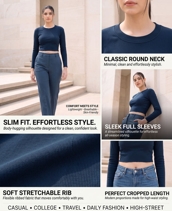 T.T. Women|Stylish Crop Top|Ribbed Slim Fit Full Sleeve Round Neck Trendy Casual Wear Top|Stretchable Cotton Fabric|Tshirt|Top||Denim