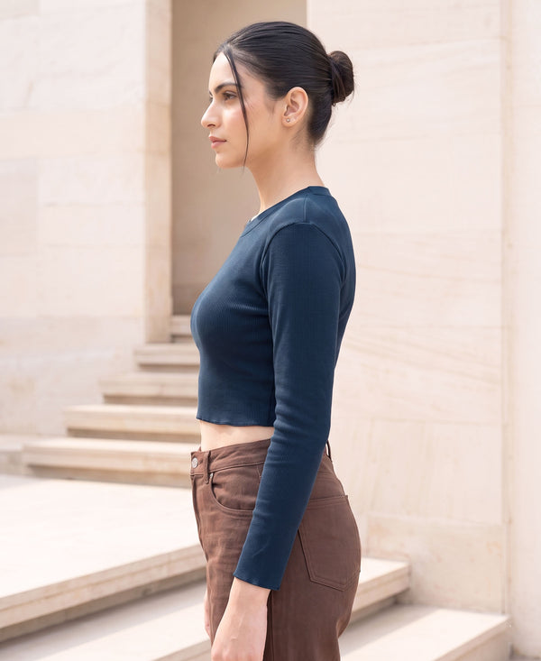 T.T. Women|Stylish Crop Top|Ribbed Slim Fit Full Sleeve Round Neck Trendy Casual Wear Top|Stretchable Cotton Fabric|Tshirt|Top||Denim