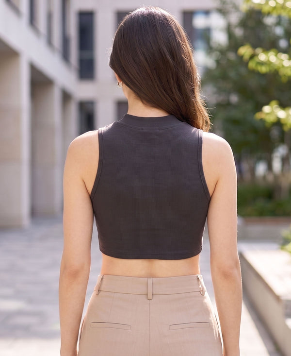 T.T. Women|Ribbed Crop Top|Sleeveless High Neck Slim Fit Aesthetic Streetwear Top|Stretchable Cotton Fabric|Tshirt|Top||D.Grey
