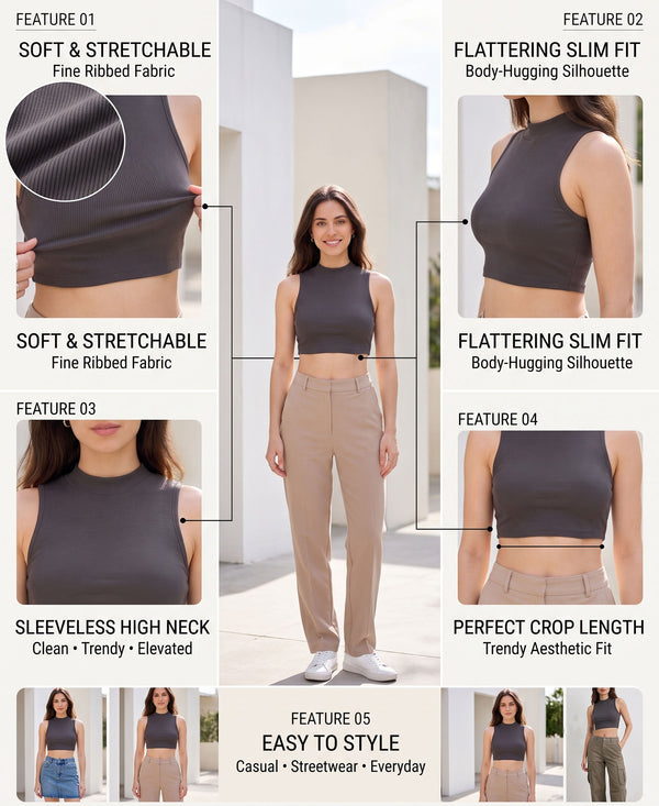 T.T. Women|Ribbed Crop Top|Sleeveless High Neck Slim Fit Aesthetic Streetwear Top|Stretchable Cotton Fabric|Tshirt|Top||D.Grey