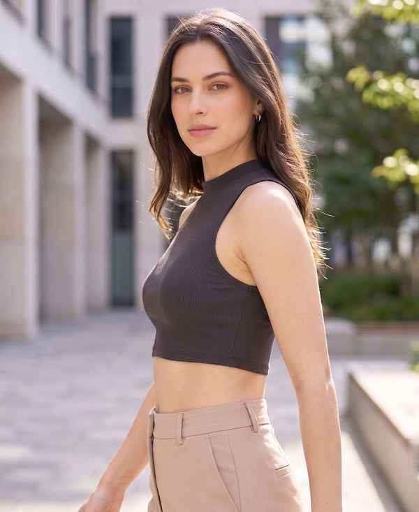 T.T. Women|Ribbed Crop Top|Sleeveless High Neck Slim Fit Aesthetic Streetwear Top|Stretchable Cotton Fabric|Tshirt|Top||D.Grey