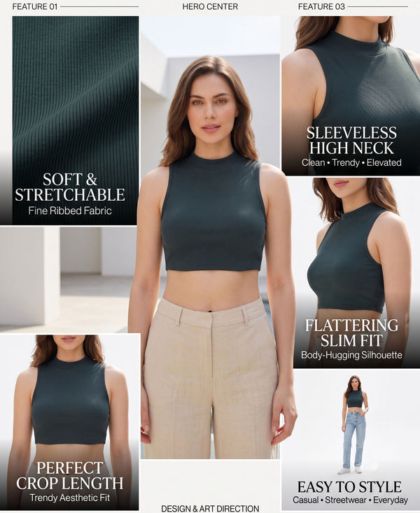 T.T. Women|Ribbed Crop Top|Sleeveless High Neck Slim Fit Aesthetic Streetwear Top|Stretchable Cotton Fabric|Tshirt|Top||Dark Green
