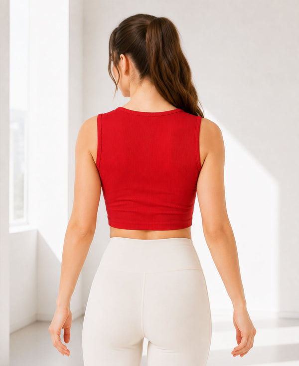 T.T. Women|Ribbed Crop Top|Sleeveless Notch Neck Slim Fit Aesthetic Streetwear Top|Stretchable Cotton Fabric|Tshirt|Top||Red