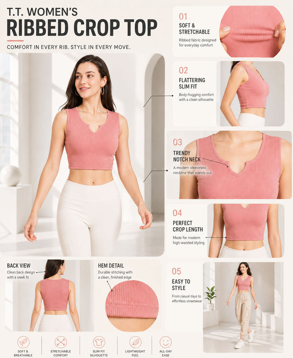 T.T. Women|Ribbed Crop Top|Sleeveless Notch Neck Slim Fit Aesthetic Streetwear Top|Stretchable Cotton Fabric|Tshirt|Top||Peach