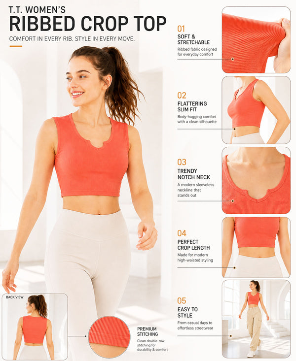 T.T. Women|Ribbed Crop Top|Sleeveless Notch Neck Slim Fit Aesthetic Streetwear Top|Stretchable Cotton Fabric|Tshirt|Top||Orange