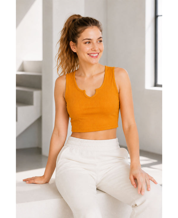 T.T. Women|Ribbed Crop Top|Sleeveless Notch Neck Slim Fit Aesthetic Streetwear Top|Stretchable Cotton Fabric|Tshirt|Top||Mustard