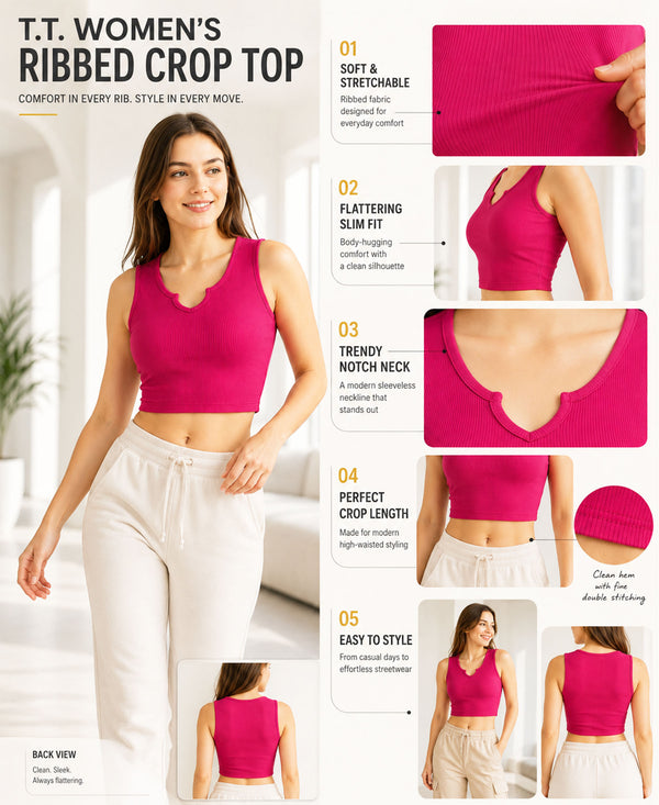 T.T. Women|Ribbed Crop Top|Sleeveless Notch Neck Slim Fit Aesthetic Streetwear Top|Stretchable Cotton Fabric|Tshirt|Top||Fuchsia