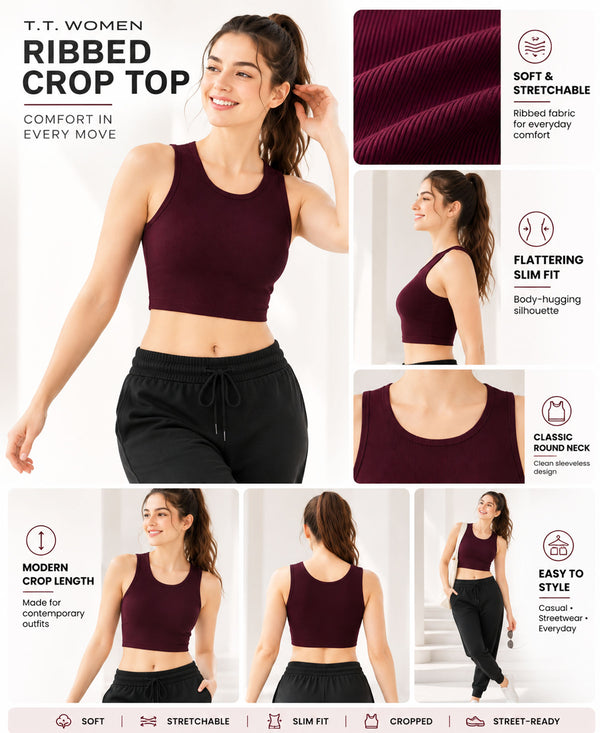 T.T. Women|Ribbed Crop Top|Sleeveless Round Neck Slim Fit Aesthetic Streetwear Top|Stretchable Cotton Fabric|Tshirt|Top||Plum