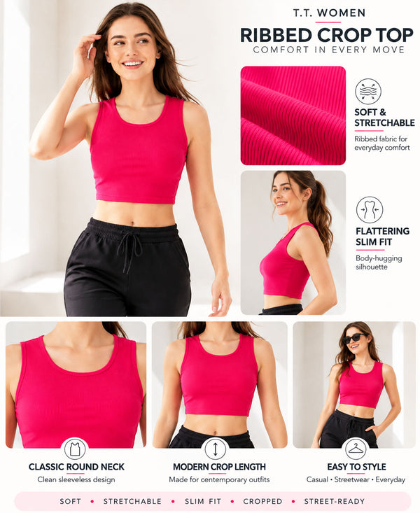 T.T. Women|Ribbed Crop Top|Sleeveless Round Neck Slim Fit Aesthetic Streetwear Top|Stretchable Cotton Fabric|Tshirt|Top||Pink