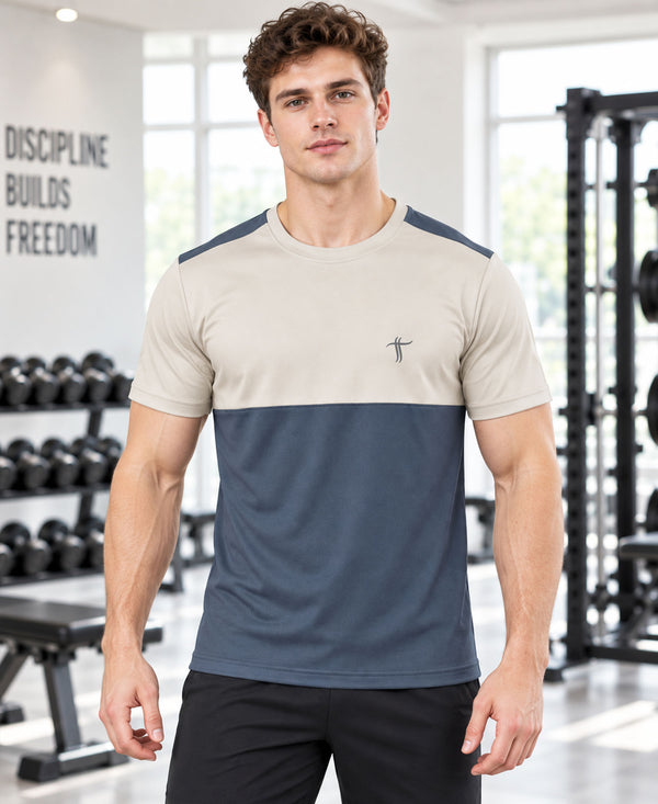 T.T. Men Dri-Fit Cut & Sew Design T-Shirt|Pack Of 1 Dark Grey-Beige