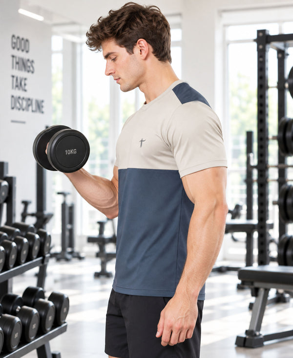 T.T. Men Dri-Fit Cut & Sew Design T-Shirt|Pack Of 1 Dark Grey-Beige