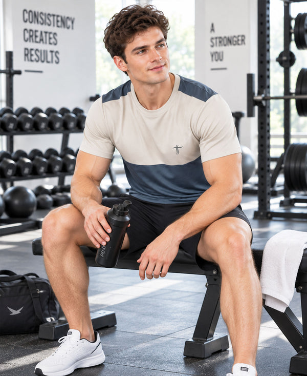 T.T. Men Dri-Fit Cut & Sew Design T-Shirt|Pack Of 1 Dark Grey-Beige