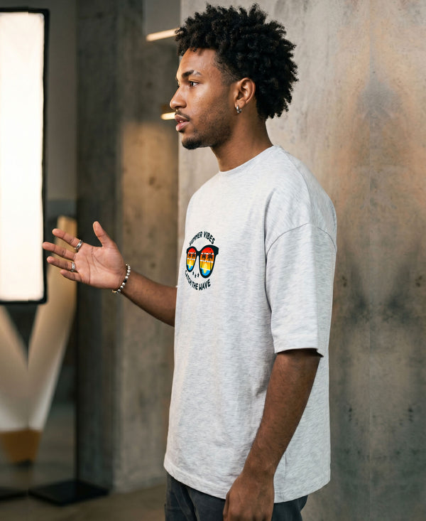 T.T. Men Oversized Graphic Printed T-Shirt Grey Melange