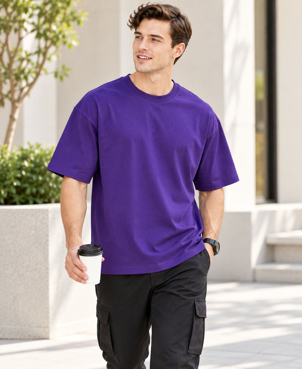 T.T. Men Oversized Fit Cotton Round Neck |Soft Breathable Fabric | Street , Casual & Outdoor Wear TeesPurple