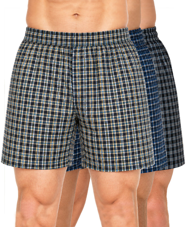 T.T. Men Checked Cotton Poly Woven Boxer Shorts Pack Of 3 Yellow,Navy,Black