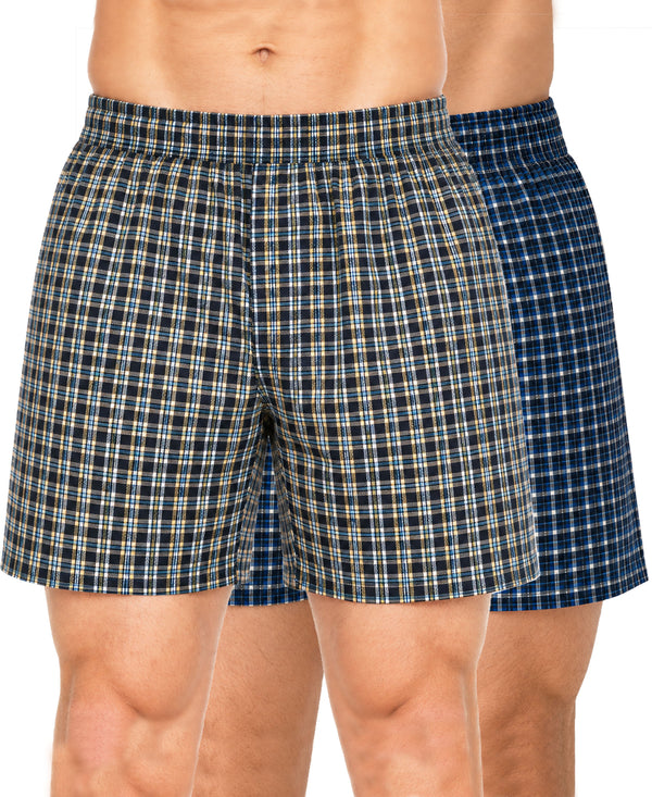 T.T. Men Checked Cotton Poly Woven Boxer Shorts Pack Of 2 Yellow,Navy