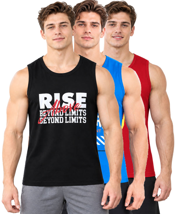 T.T. Men Cool Cotton Printed Regular Fit Round Neck Muscle Tees|Pack Of 3|Black,Blue,Red