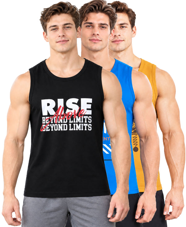 T.T. Men Cool Cotton Printed Regular Fit Round Neck Muscle Tees|Pack Of 3|Black,Blue,Mustard