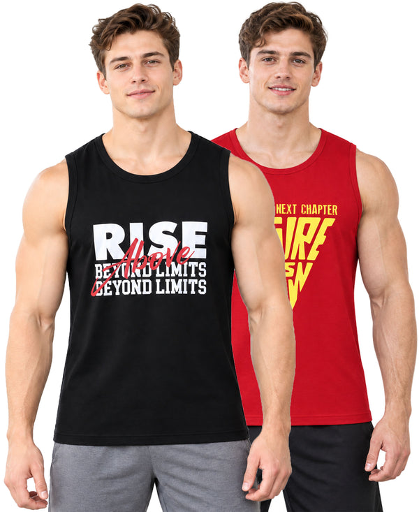T.T. Men Cool Cotton Printed Regular Fit Round Neck Muscle Tees|Pack Of 2|Black,Red