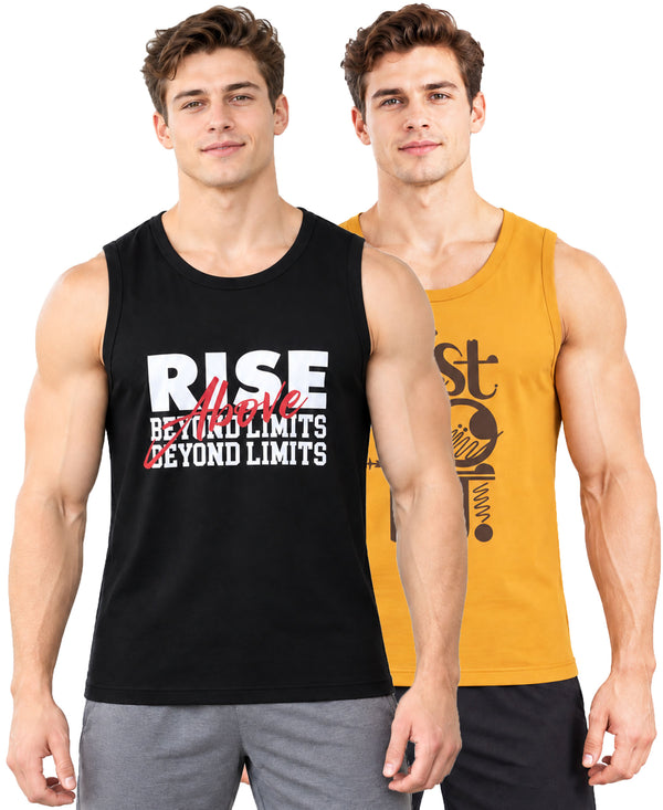 T.T. Men Cool Cotton Printed Regular Fit Round Neck Muscle Tees|Pack Of 2|Black,Mustard