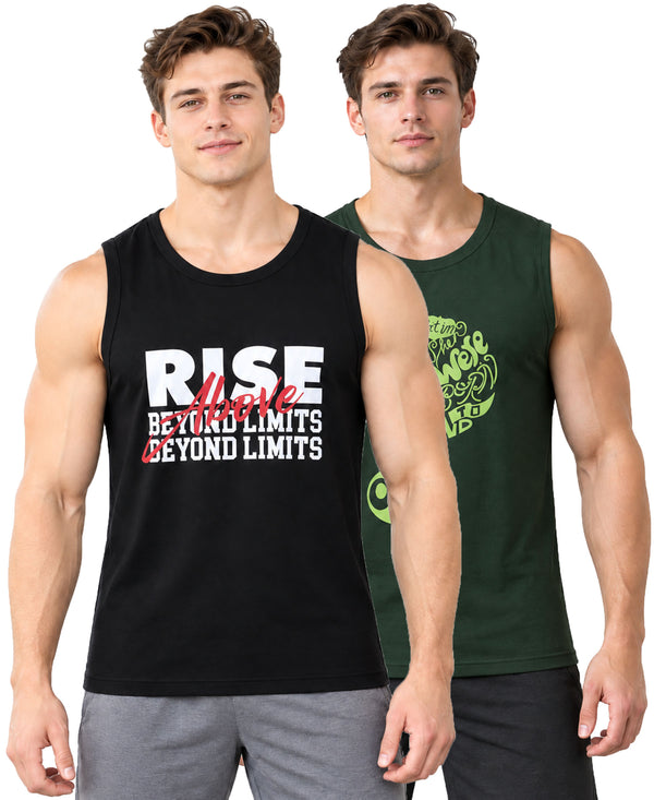 T.T. Men Cool Cotton Printed Regular Fit Round Neck Muscle Tees|Pack Of 2|Black,Forest Green