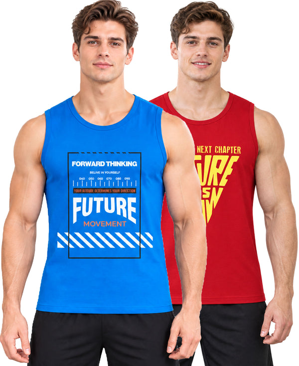 T.T. Men Cool Cotton Printed Regular Fit Round Neck Muscle Tees|Pack Of 2|Blue,Red
