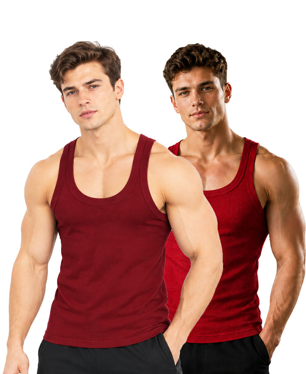 T.T. Men|Desire Premium Gym Vest|Pure Cotton|Rib Fabric|Moisture-Wicking, Breathable & Stretchable Sleeveless Undershirt| Ideal For Gym, Sports & Daily Wear|Pack Of 2|Maroon,Red