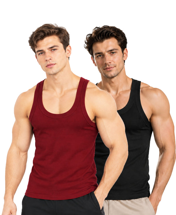 T.T. Men|Desire Premium Gym Vest|Pure Cotton|Rib Fabric|Moisture-Wicking, Breathable & Stretchable Sleeveless Undershirt| Ideal For Gym, Sports & Daily Wear|Pack Of 2|Black,Maroon