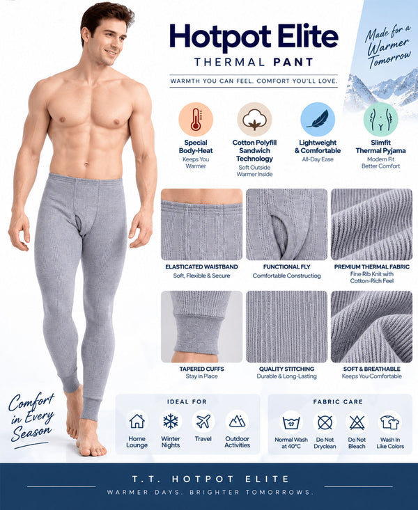 T.T. Men Hotpot Elite Pyjama Thermal - Grey Melange