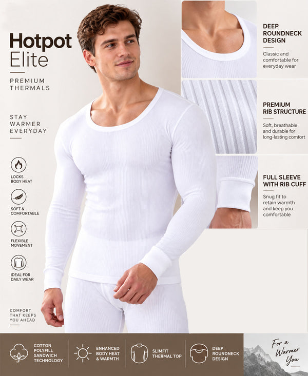 T.T. Men'S Hotpot Elite Premium Thermal Top|Cotton Polyfill Sandwich Technology Fabric|Full Sleeve|Round Neck|Super Warm Winter Innerwear|Pack Of 2|White,Black