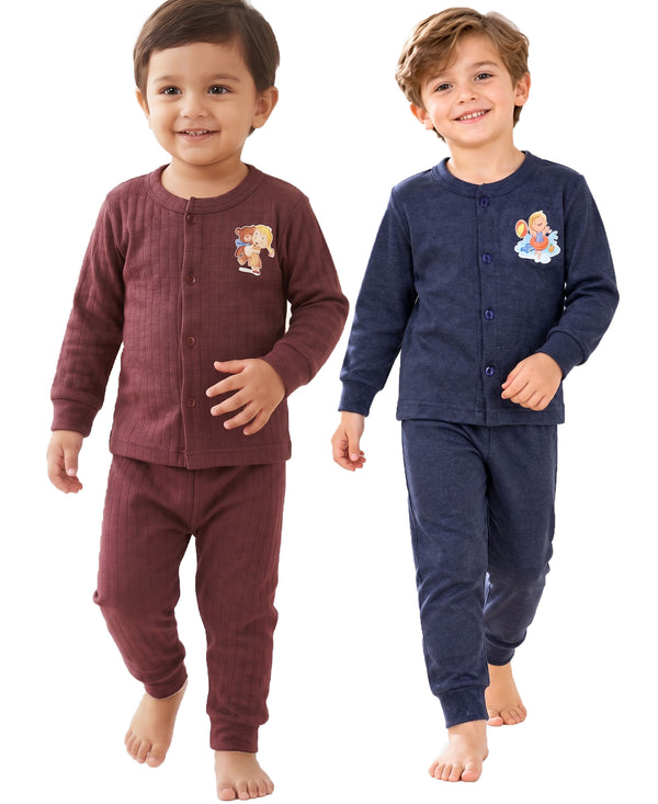 T.T. Unisex Baby Suit For Boys & Girls|Full Sleeve Button-Front Thermal Set|Soft & Comfortable Super Warm Kids Wear|Pack Of 2|Brown,Blue