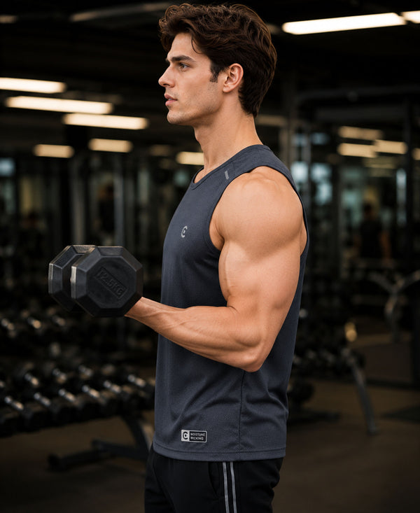 T.T. Men Active-Dry Polyester Fooball-Knit Fabric| Round Neck | Sleeveless | Sweat-Wicking Gym & Active Wear TeesDark Grey