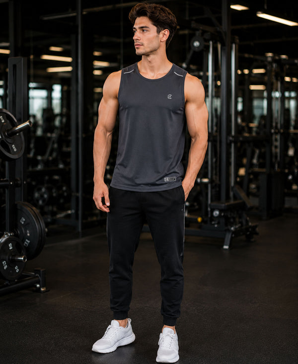T.T. Men Active-Dry Polyester Fooball-Knit Fabric| Round Neck | Sleeveless | Sweat-Wicking Gym & Active Wear TeesDark Grey