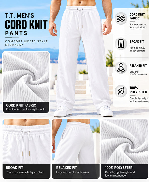 T.T.Men PO3 Premium Cord-Knit Wide-Leg Track Pant-Black,Navy,White