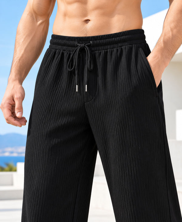 T.T.Men Premium Cord-Knit Wide-Leg Track Pant -Black