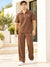 T.T. Men Poly Jacquard Co-Ord Set |Relaxed Fit| Half-Zip Collar T-Shirt And Wide-Leg Track Pants | Short Sleeve Top | Drawstring Waist -Brown