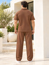 T.T. Men Poly Jacquard Co-Ord Set |Relaxed Fit| Half-Zip Collar T-Shirt And Wide-Leg Track Pants | Short Sleeve Top | Drawstring Waist -Brown
