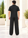 T.T. Men Poly Jacquard Co-Ord Set |Relaxed Fit| Half-Zip Collar T-Shirt And Wide-Leg Track Pants | Short Sleeve Top | Drawstring Waist -Black