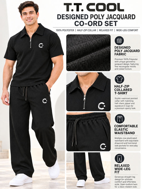 T.T. Men Poly Jacquard Co-Ord Set |Relaxed Fit| Half-Zip Collar T-Shirt And Wide-Leg Track Pants | Short Sleeve Top | Drawstring Waist -Black