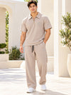 T.T. Men Poly Jacquard Co-Ord Set |Relaxed Fit| Half-Zip Collar T-Shirt And Wide-Leg Track Pants | Short Sleeve Top | Drawstring Waist -Peach