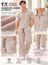 T.T. Men Poly Jacquard Co-Ord Set |Relaxed Fit| Half-Zip Collar T-Shirt And Wide-Leg Track Pants | Short Sleeve Top | Drawstring Waist -Peach