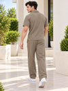 T.T. Men Poly Jacquard Co-Ord Set |Relaxed Fit| Half-Zip Collar T-Shirt And Wide-Leg Track Pants | Short Sleeve Top | Drawstring Waist -Khaki