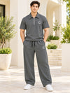 T.T. Men Poly Jacquard Co-Ord Set |Relaxed Fit| Half-Zip Collar T-Shirt And Wide-Leg Track Pants | Short Sleeve Top | Drawstring Waist -Grey