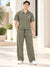 T.T. Men Poly Jacquard Co-Ord Set |Relaxed Fit| Half-Zip Collar T-Shirt And Wide-Leg Track Pants | Short Sleeve Top | Drawstring Waist -Green