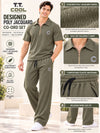 T.T. Men Poly Jacquard Co-Ord Set |Relaxed Fit| Half-Zip Collar T-Shirt And Wide-Leg Track Pants | Short Sleeve Top | Drawstring Waist -Green